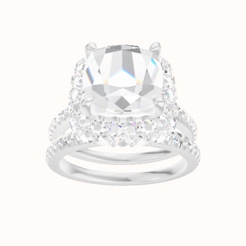 Pave Cathedral Engagement Ring With Low Set Waterfall Halo Head and Matching Band