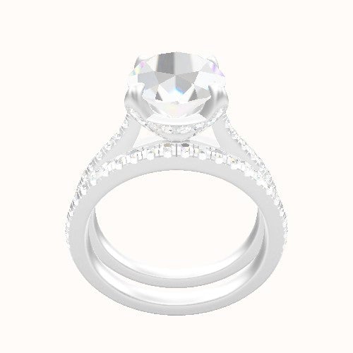 Pave Cathedral Engagement Ring With Pave Basket Head and Matching Band