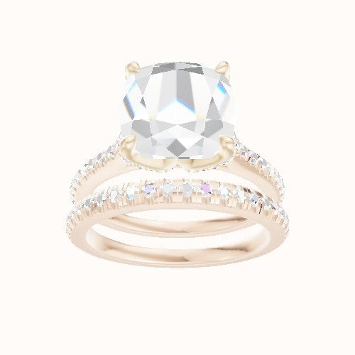 Pave Cathedral Engagement Ring With Pave Petal Four Prong Head and Matching Band
