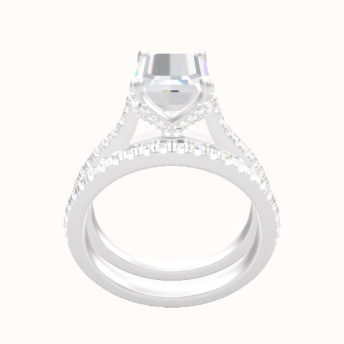 Pave Cathedral Engagement Ring With Pave Petal Four Prong Head and Matching Band