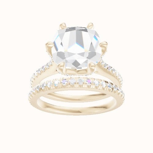 Pave Cathedral Engagement Ring With Pave Petal Six Prong Head and Matching Band
