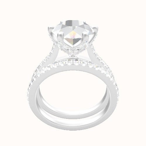Pave Cathedral Engagement Ring With Pave Petal Six Prong Head and Matching Band