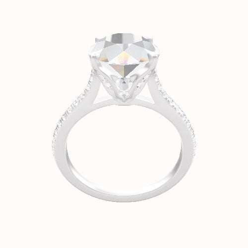 Pave Cathedral Engagement Ring With Pave Tulip Prongs w. Surprise Diamond Head