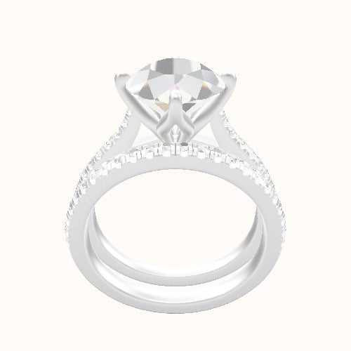 Pave Cathedral Engagement Ring With Petal Compass Prong Head and Matching Band