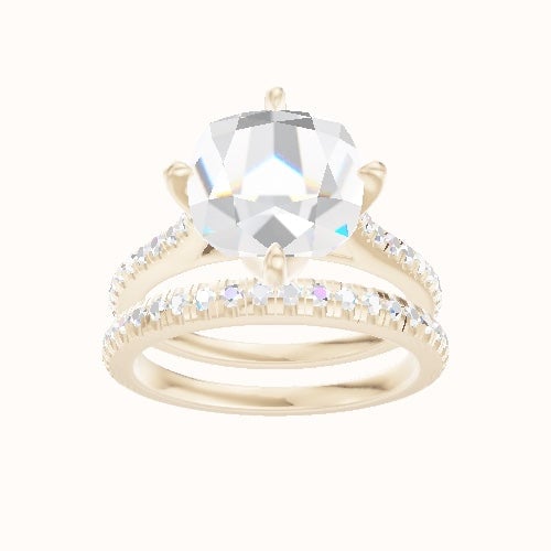 Pave Cathedral Engagement Ring With Petal Compass Prong Head and Matching Band