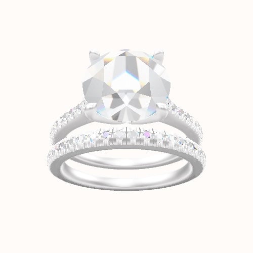 Pave Cathedral Engagement Ring With Petal Four Prong Head and Matching Band