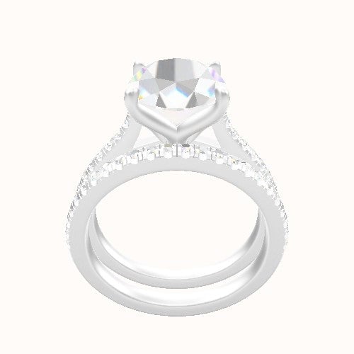 Pave Cathedral Engagement Ring With Petal Four Prong Head and Matching Band
