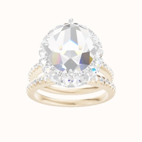 Pave Cathedral Engagement Ring With Petal Prong Halo Head and Matching Band