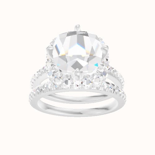 Pave Cathedral Engagement Ring With Petal Prong Halo Head and Matching Band