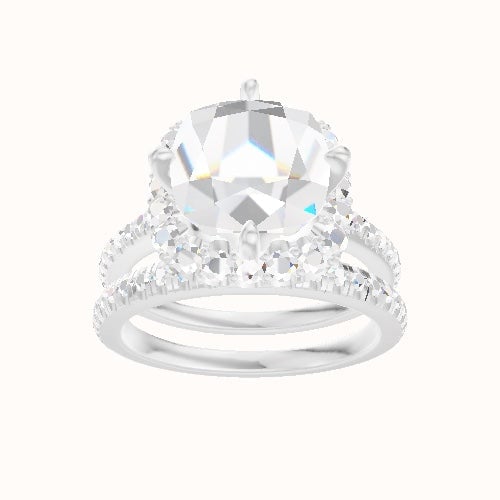 Pave Cathedral Engagement Ring With Petal Prong Halo Head and Matching Band