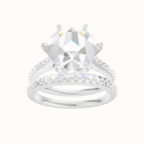 Pave Cathedral Engagement Ring With Petal Six Prong Head and Matching Band
