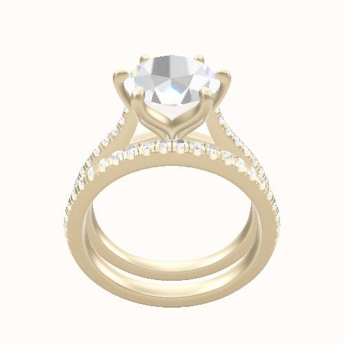 Pave Cathedral Engagement Ring With Petal Six Prong Head and Matching Band