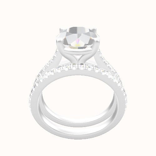 Pave Cathedral Engagement Ring With Standard Four Prong Head and Matching Band