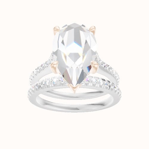 Pave Cathedral Engagement Ring With V Prong with Hidden Halo Head and Matching Band