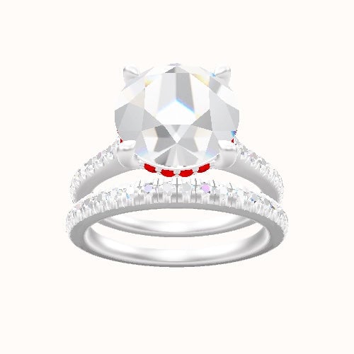 Pave Cathedral Engagement Ring With V Prong with Hidden Halo Head and Matching Band