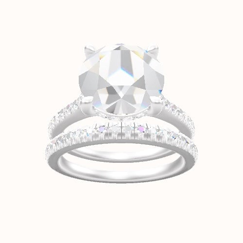 Pave Cathedral Engagement Ring With V Prong with Hidden Halo Head and Matching Band