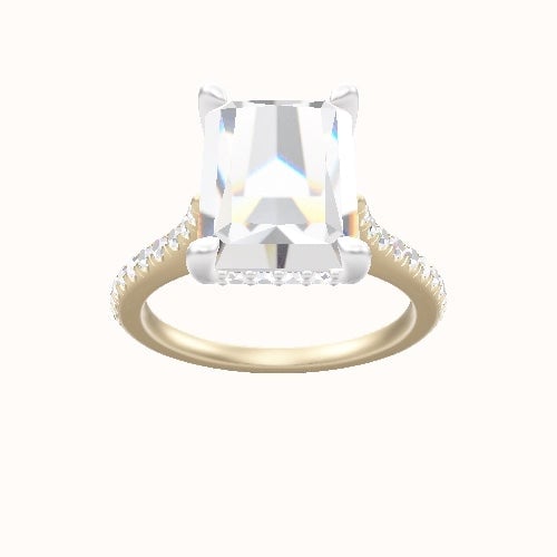 Pave Cathedral Engagement Ring With V Prong with Hidden Halo Head and Matching Band