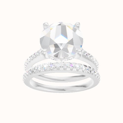 Pave Cathedral Engagement Ring With V Prong with Hidden Halo Head and Matching Band