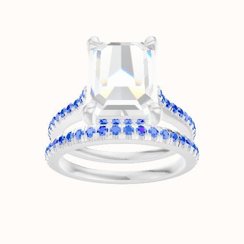 Pave Cathedral Engagement Ring With V Prong with Hidden Halo Head and Matching Band