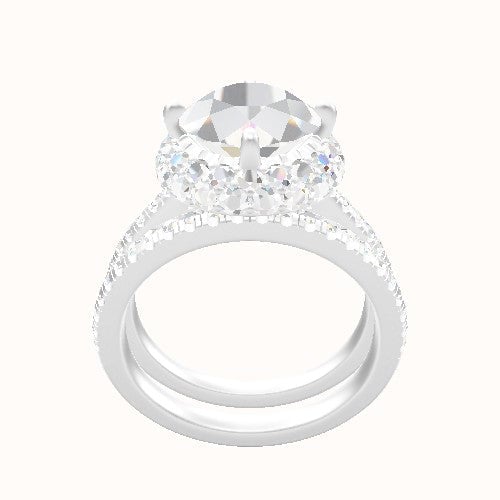 Pave Cathedral Engagement Ring With Waterfall Halo Head and Matching Band