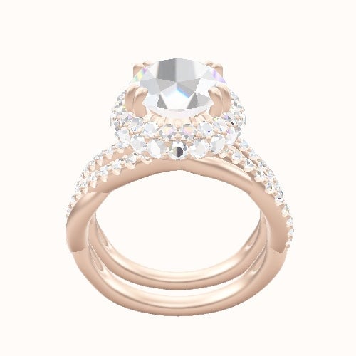 Pave Rope Engagement Ring With Double Prong Waterfall Halo Head and Matching Band