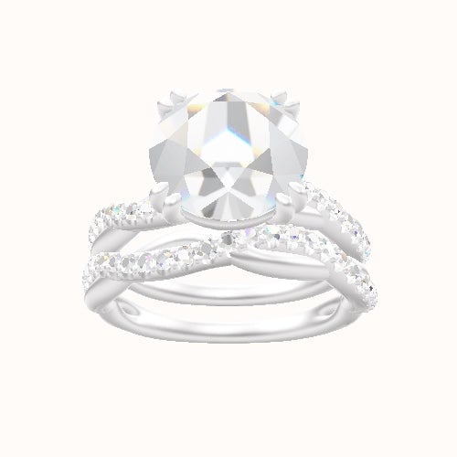 Pave Rope Engagement Ring With Double Prongs Head and Matching Band