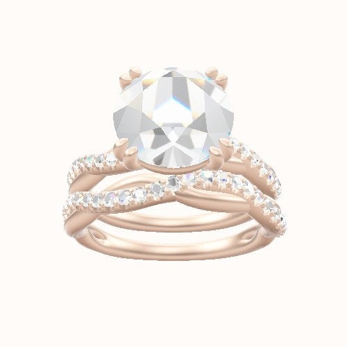 Pave Rope Engagement Ring With Double Prongs Head and Matching Band