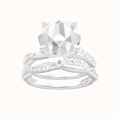 Pave Rope Engagement Ring With Pave Petal Four Prong Head and Matching Band