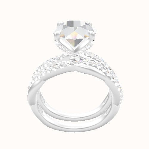 Pave Rope Engagement Ring With Pave Petal Four Prong Head and Matching Band