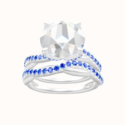 Pave Rope Engagement Ring With Pave Petal Four Prong Head and Matching Band