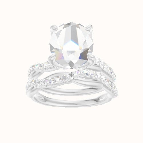 Pave Rope Engagement Ring With Pave Petal Four Prong Head and Matching Band