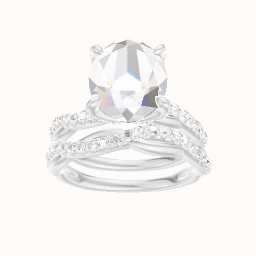 Pave Rope Engagement Ring With Pave Petal Four Prong Head and Matching Band