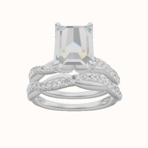 Pave Rope Engagement Ring With Pave Petal Four Prong Head and Matching Band