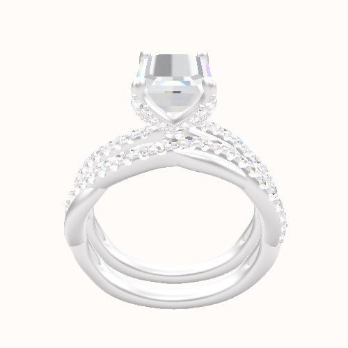 Pave Rope Engagement Ring With Pave Petal Four Prong Head and Matching Band