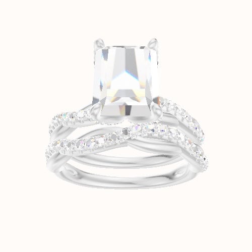 Pave Rope Engagement Ring With Pave Petal Four Prong Head and Matching Band