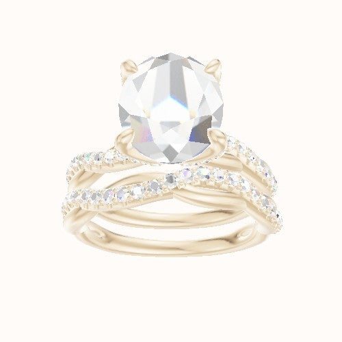Pave Rope Engagement Ring With Pave Petal Four Prong Head and Matching Band