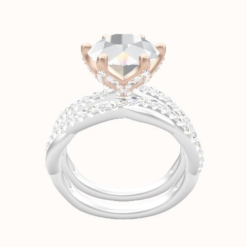 Pave Rope Engagement Ring With Pave Petal Six Prong Head and Matching Band