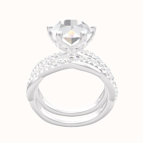 Pave Rope Engagement Ring With Pave Petal Six Prong Head and Matching Band