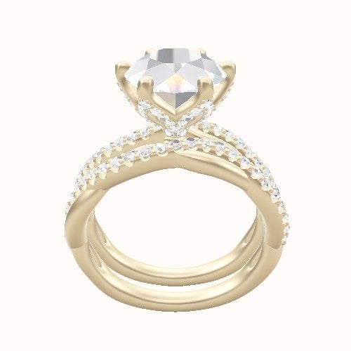 Pave Rope Engagement Ring With Pave Petal Six Prong Head and Matching Band