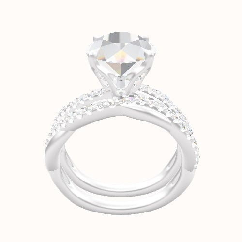 Pave Rope Engagement Ring With Pave Tulip Prongs w. Surprise Diamond Head and Matching Band