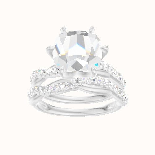 Pave Rope Engagement Ring With Petal Six Prong Head and Matching Band