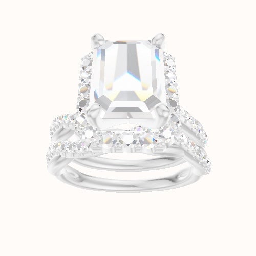 Pave Rope Engagement Ring With V Prong Halo Head and Matching Band