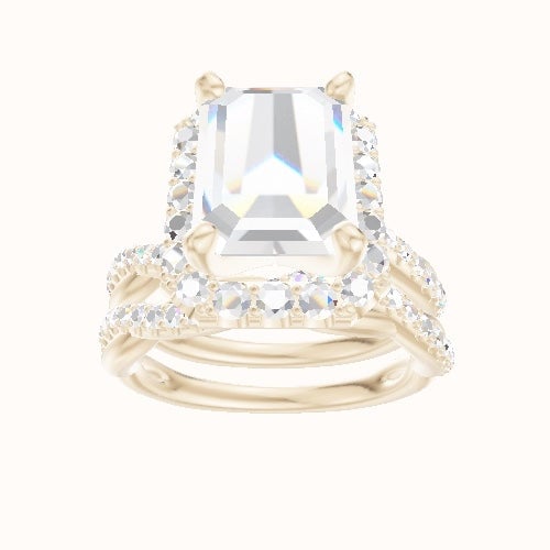 Pave Rope Engagement Ring With V Prong Halo Head and Matching Band