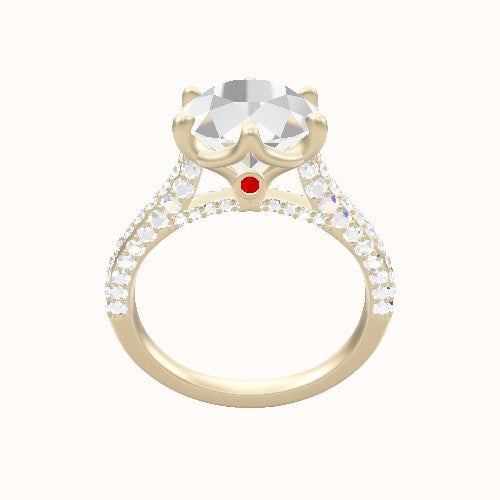 Petite Cathedral Three Row Engagement Ring With Crown Six Prong w. accent Diamond Head