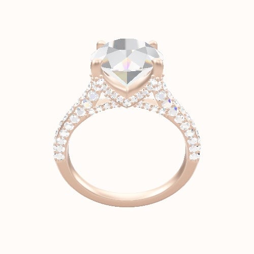 Petite Cathedral Three Row Engagement Ring With Double Pave V Prong Head