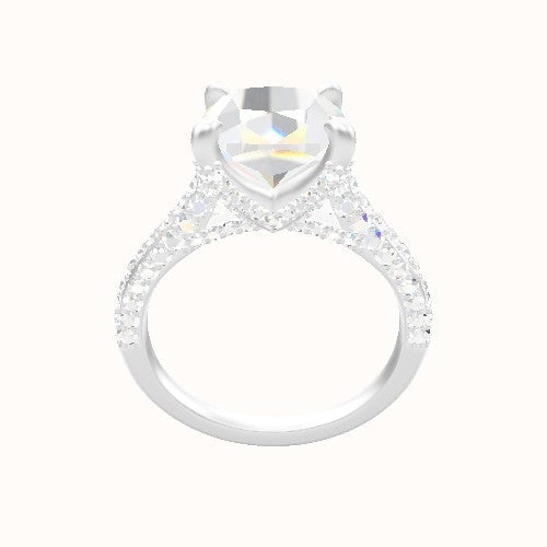 Petite Cathedral Three Row Engagement Ring With Double Pave V Prong Head