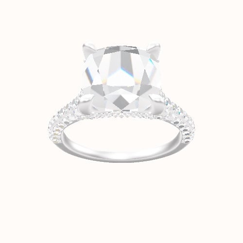 Petite Cathedral Three Row Engagement Ring With Double Pave V Prong Head and Matching Band