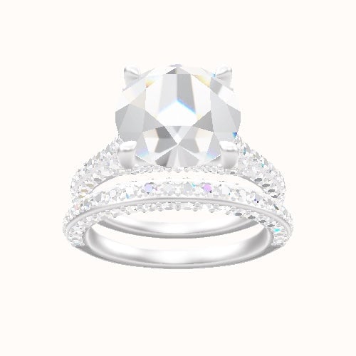 Petite Cathedral Three Row Engagement Ring With Double Pave V Prong Head and Matching Band