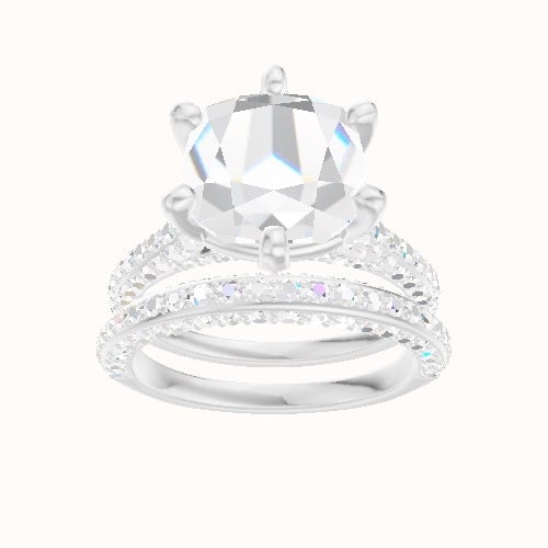 Petite Cathedral Three Row Engagement Ring With High Set Six Prong Head and Matching Band