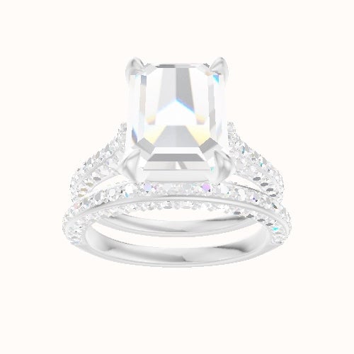 Petite Cathedral Three Row Engagement Ring With Pave Basket Head and Matching Band